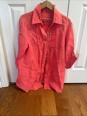 Large Linen Coral MOP button shirt blouse